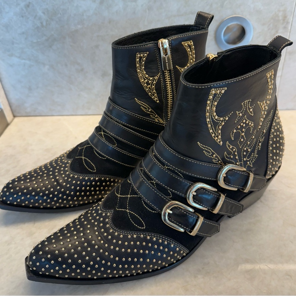 Anine Bing Black Studded Ankle Boots w/ Gold Accents